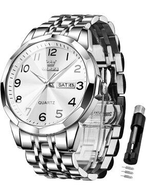 Men's Silver Analog Simple Business Stainless Steel Waterproof Luminous Watch